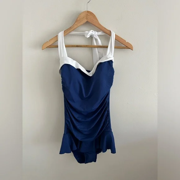 NWT Ralph Lauren Bel Air Skirted one piece blue and white swimsuit size 12 - Picture 3 of 7